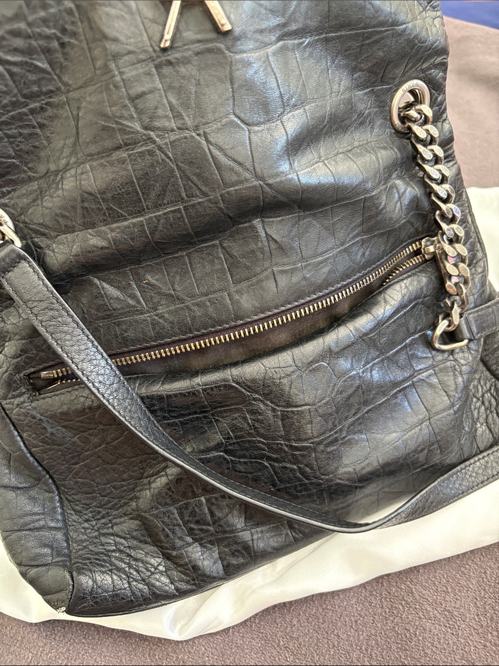 Saint Laurent Black Croc-Textured Leather Shoulder Bag with Silver YSL Hardware - Picture 10 of 10